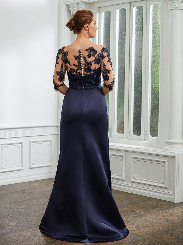 Wholesale Sheath/Column Satin Applique Bateau 1/2 Sleeves Sweep/Brush Train Mother of the Bride Dresses
